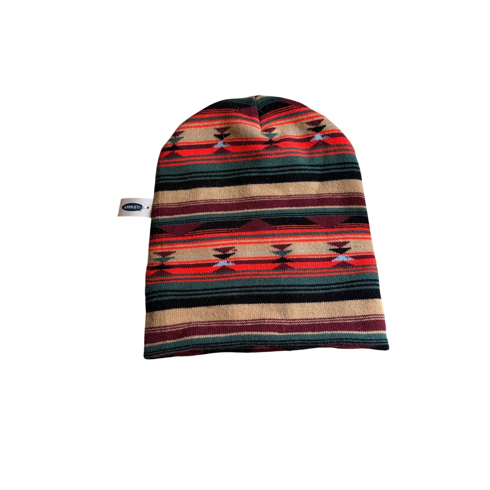 Old Navy Southwestern Geometric Knit Beanie Hat Red Green Multi L-XL NWT